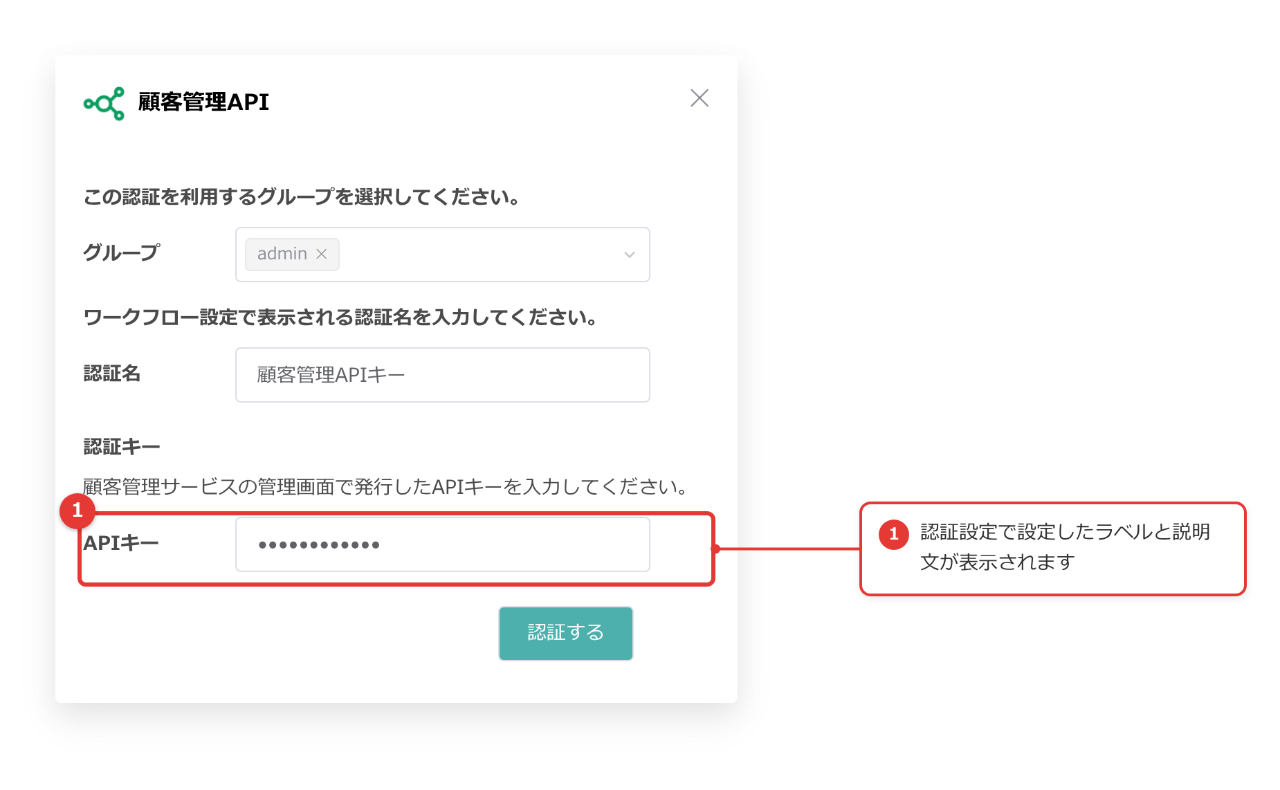 マイコネクタの認証ダイアログ（任意の認証キーの場合）